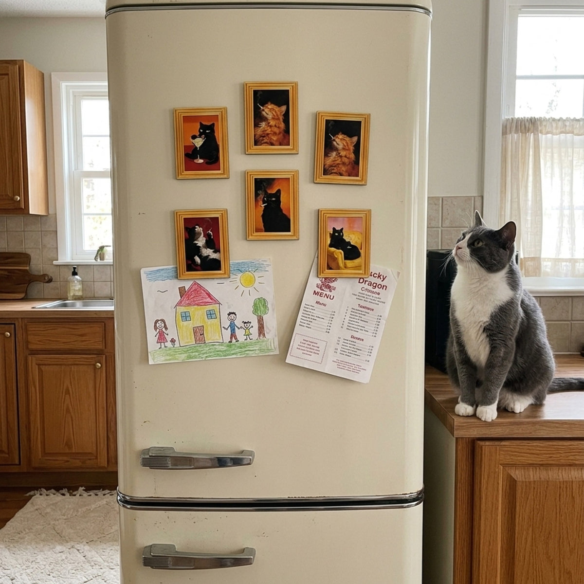 Cat fridge magnets on a retro fridge, cat looking up