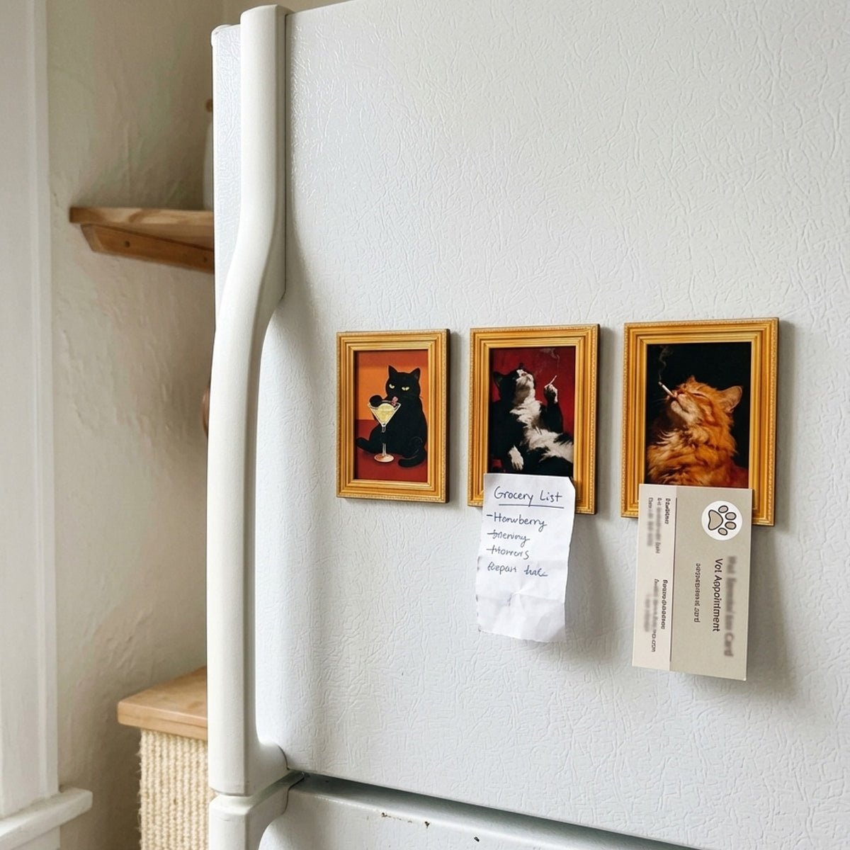 Cat fridge magnets holding a grocery list