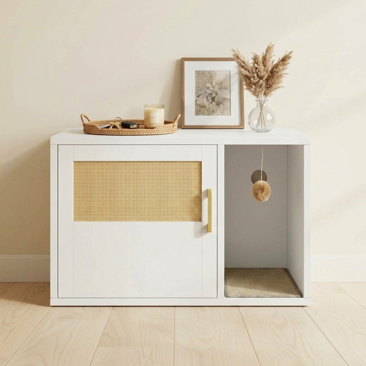 Hideaway Litter Box Furniture, styled as an entryway console