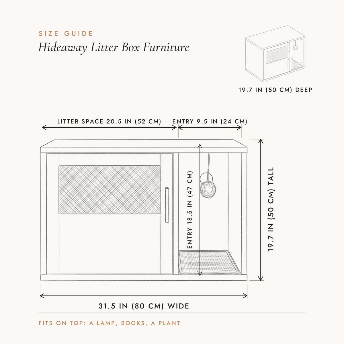 Hideaway Litter Box size guide, 31.5 x 19.7 x 19.7 in (80 x 50 x 50 cm)