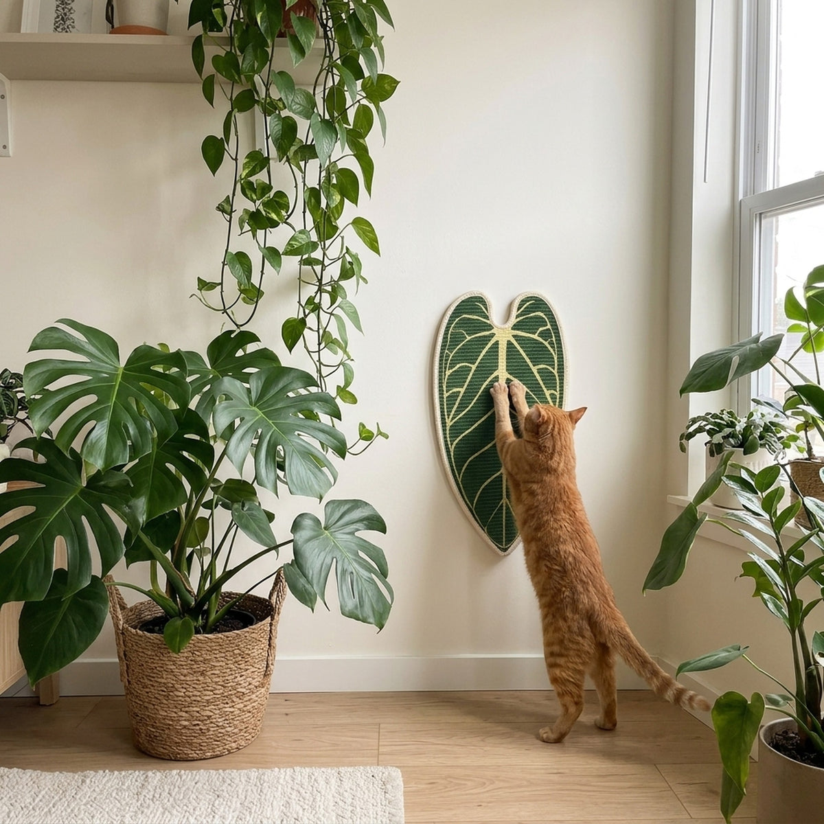 Leaf Sisal Scratcher [Botanical Edition] with a cat at home