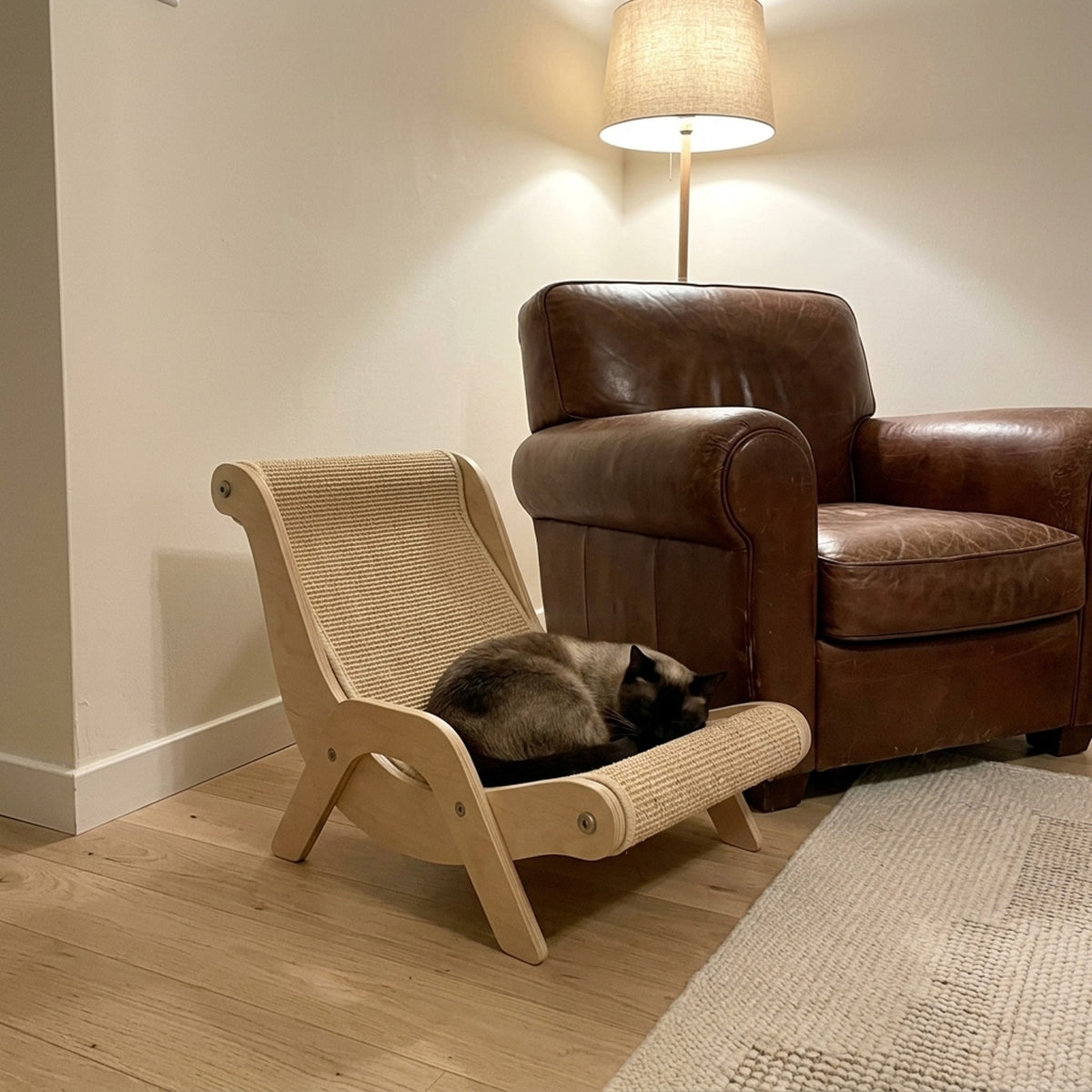 Siamese cat asleep in the lounger next to a leather armchair