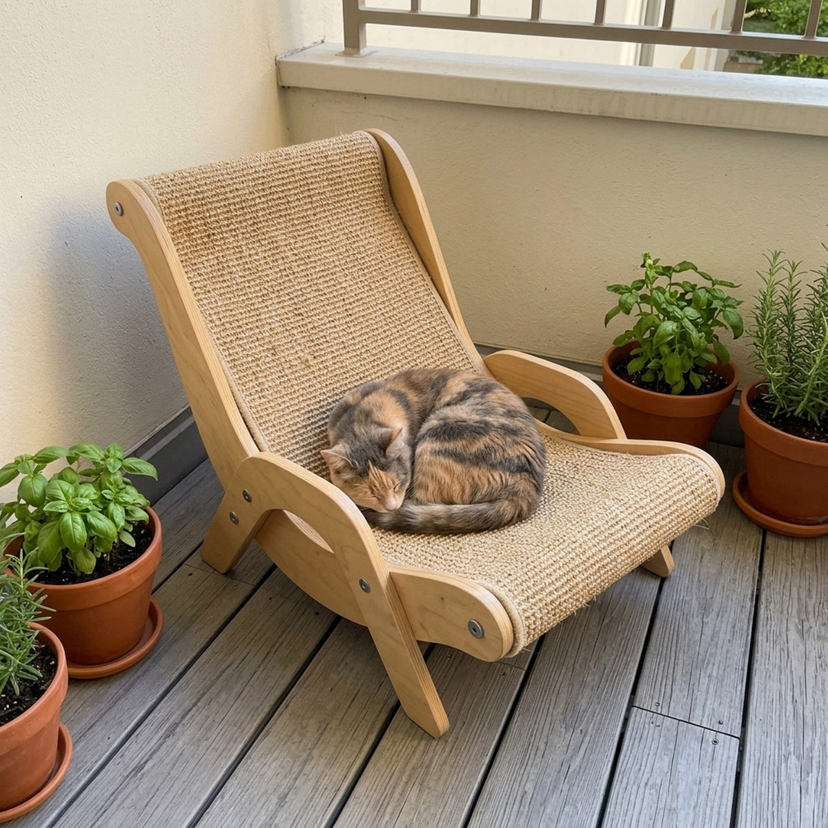 Calico cat curled up in the lounger on a balcony