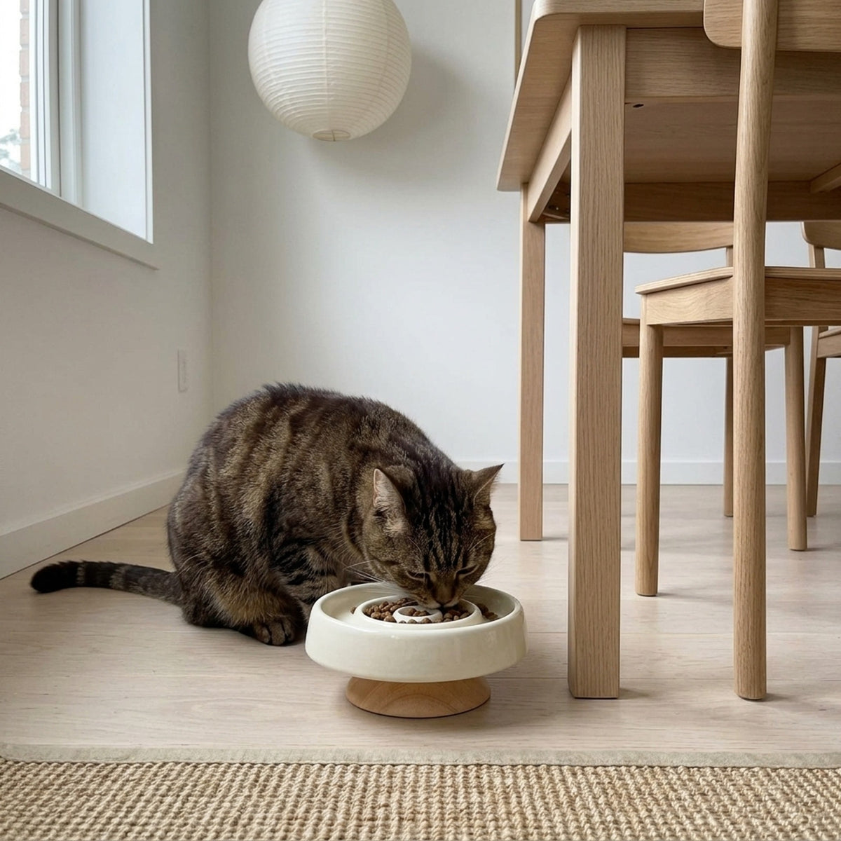 Elevated Ceramic Slow Feeder Cat Bowl, dining nook brown tabby
