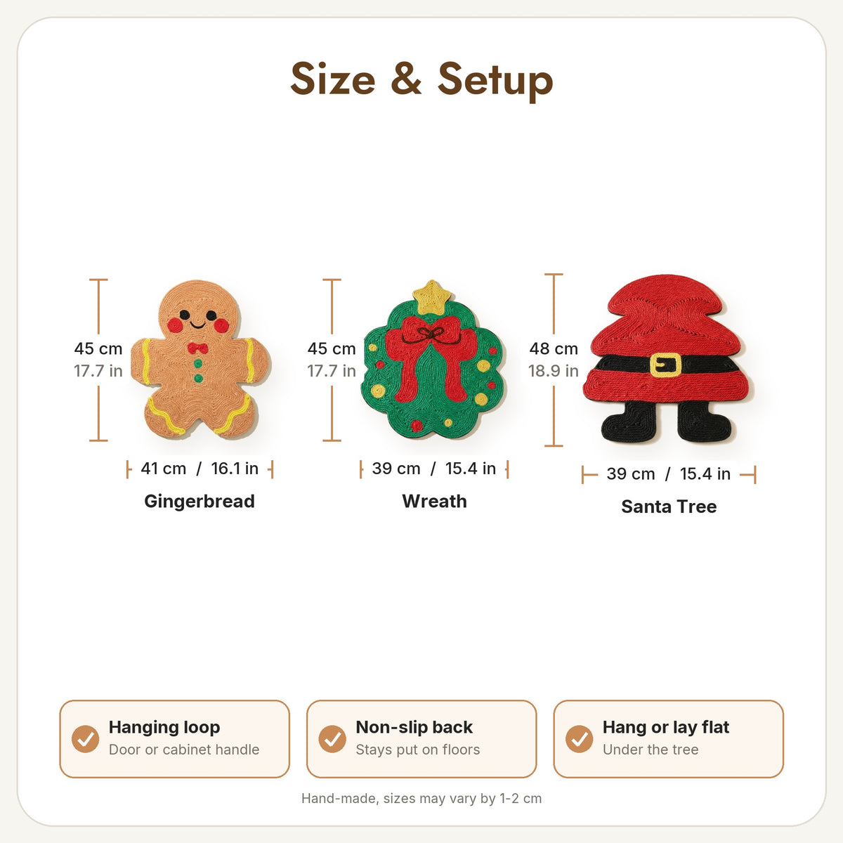 Christmas scratchers sizes: Gingerbread 45 x 41 cm, Wreath 45 x 39 cm, Santa Tree 48 x 39 cm, hanging loop