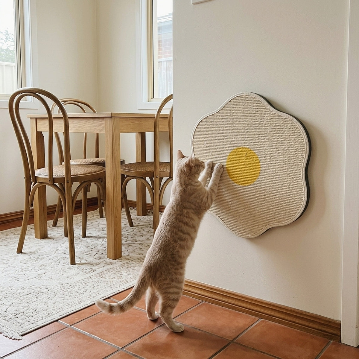 Flower & Egg Wall Scratcher with a cat at home