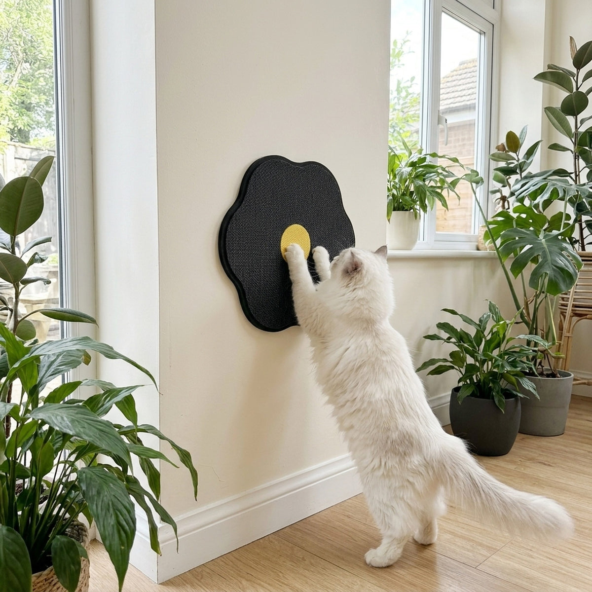 Flower & Egg Wall Scratcher with a cat at home