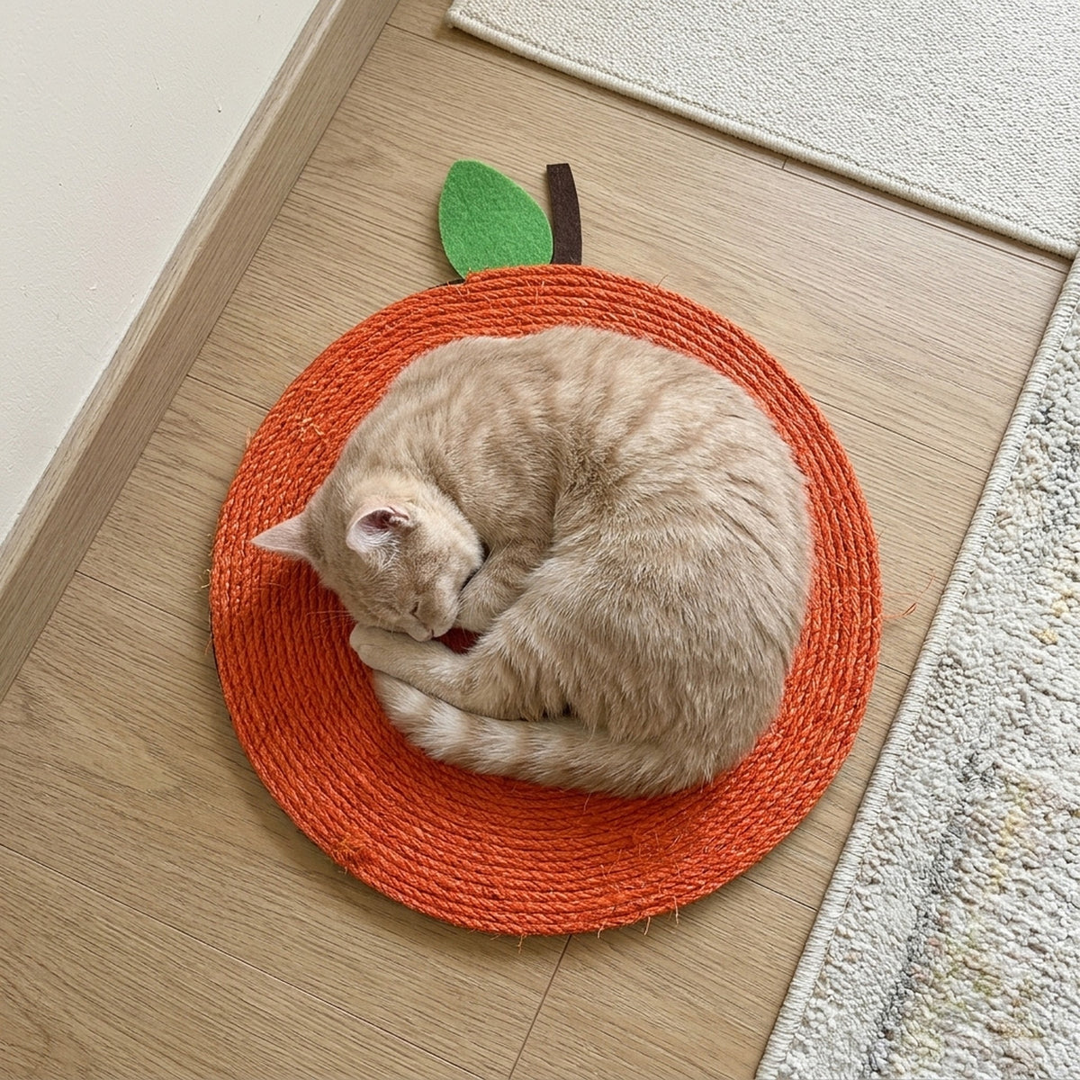Sisal Scratcher Mat [Food Edition] with a cat at home