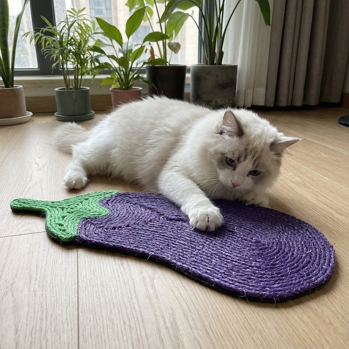 Sisal Scratcher Mat [Food Edition] with a cat at home