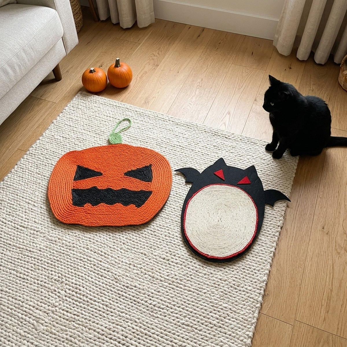Halloween sisal scratchers, Pumpkin and Vampire on a rug