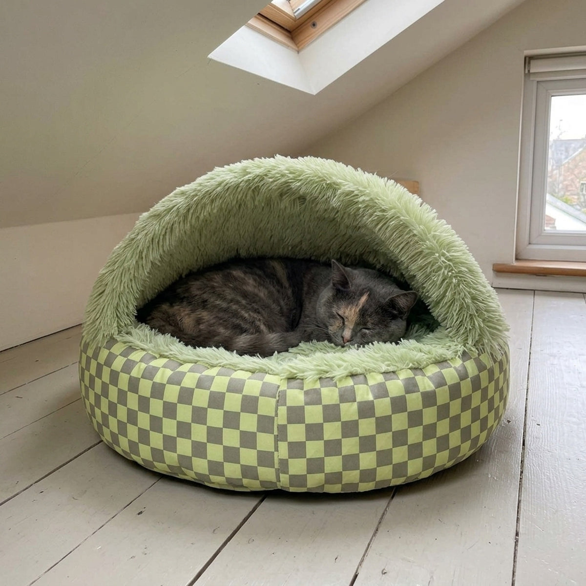 Snuggle Hooded Cat Cave Bed, attic bluecream