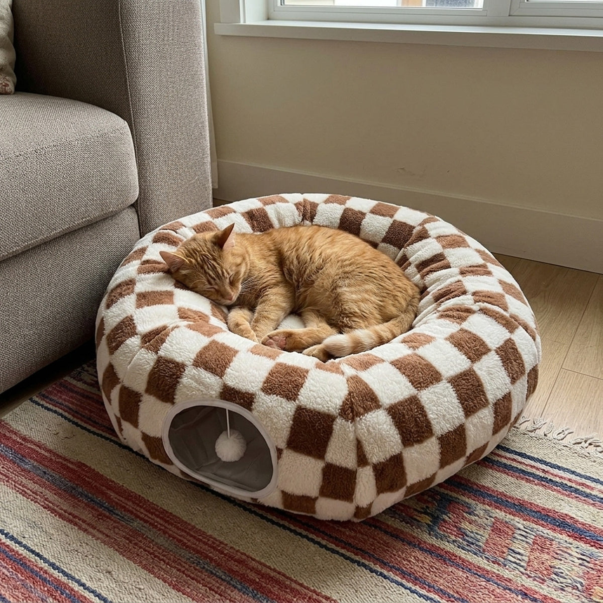 Donut Tunnel Cat Bed, kilim orange