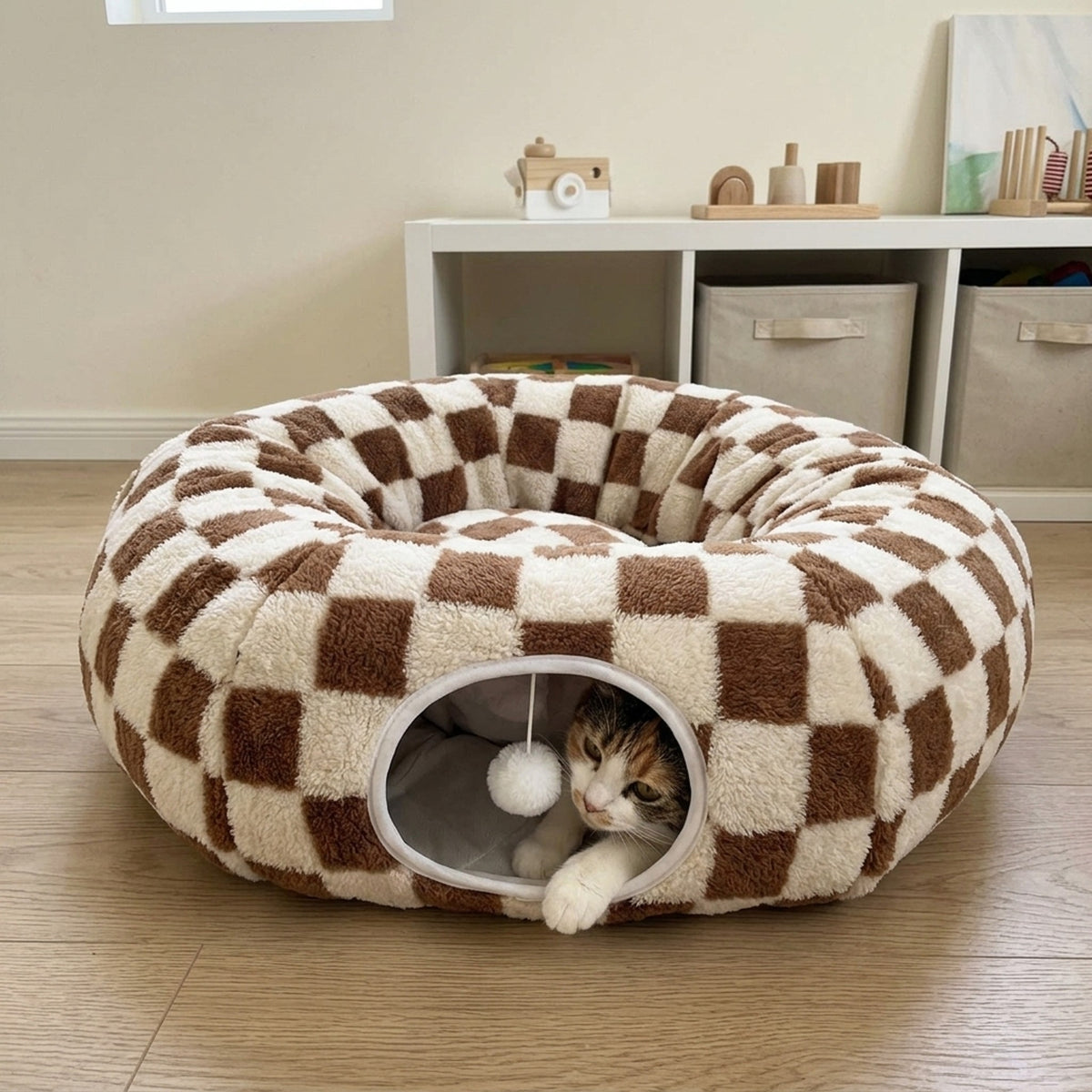 Donut Tunnel Cat Bed, playroom calico