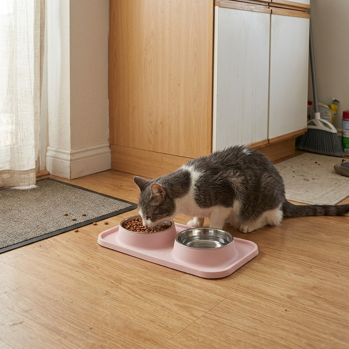 Double Cat Bowl Set, kitchen floor