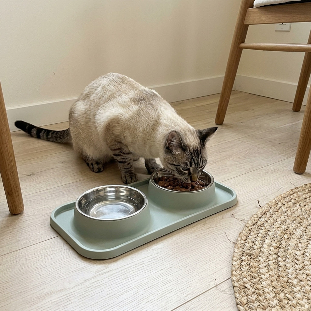 Double Cat Bowl Set, sage dining nook