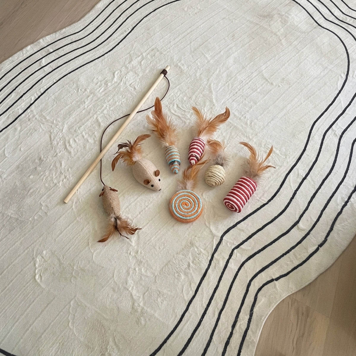 7-Piece Cat Toy Set, rug flatlay