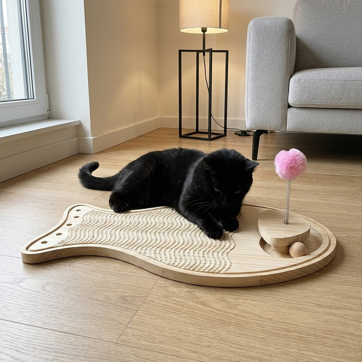 Wooden Sisal Scratcher Board with a cat at home