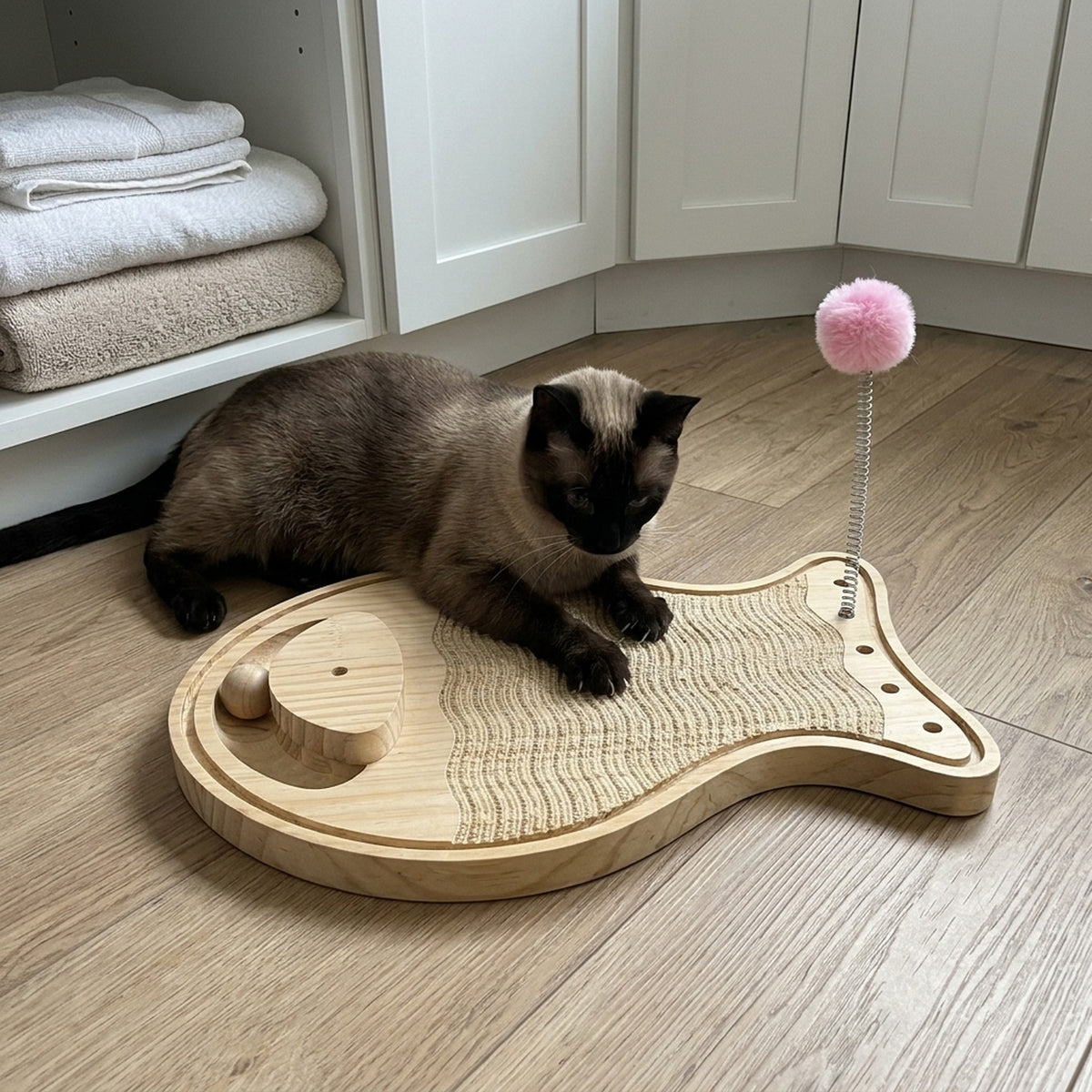 Wooden Sisal Scratcher Board with a cat at home