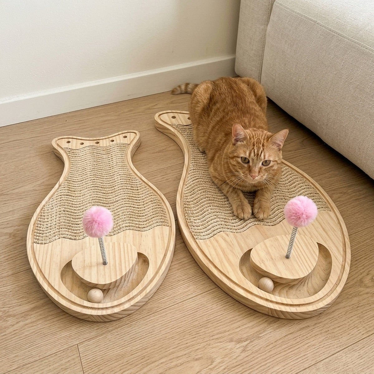 Wooden Sisal Scratcher Board with a cat at home