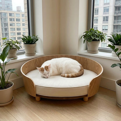 Oak Cat Sofa Bed, window plants
