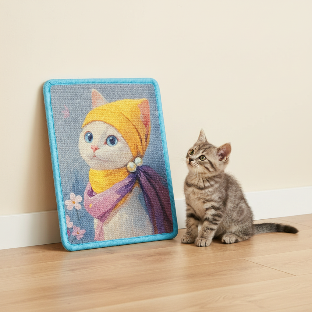 Damzel cat scratcher with cat - Girl with Pearl Earring inspired