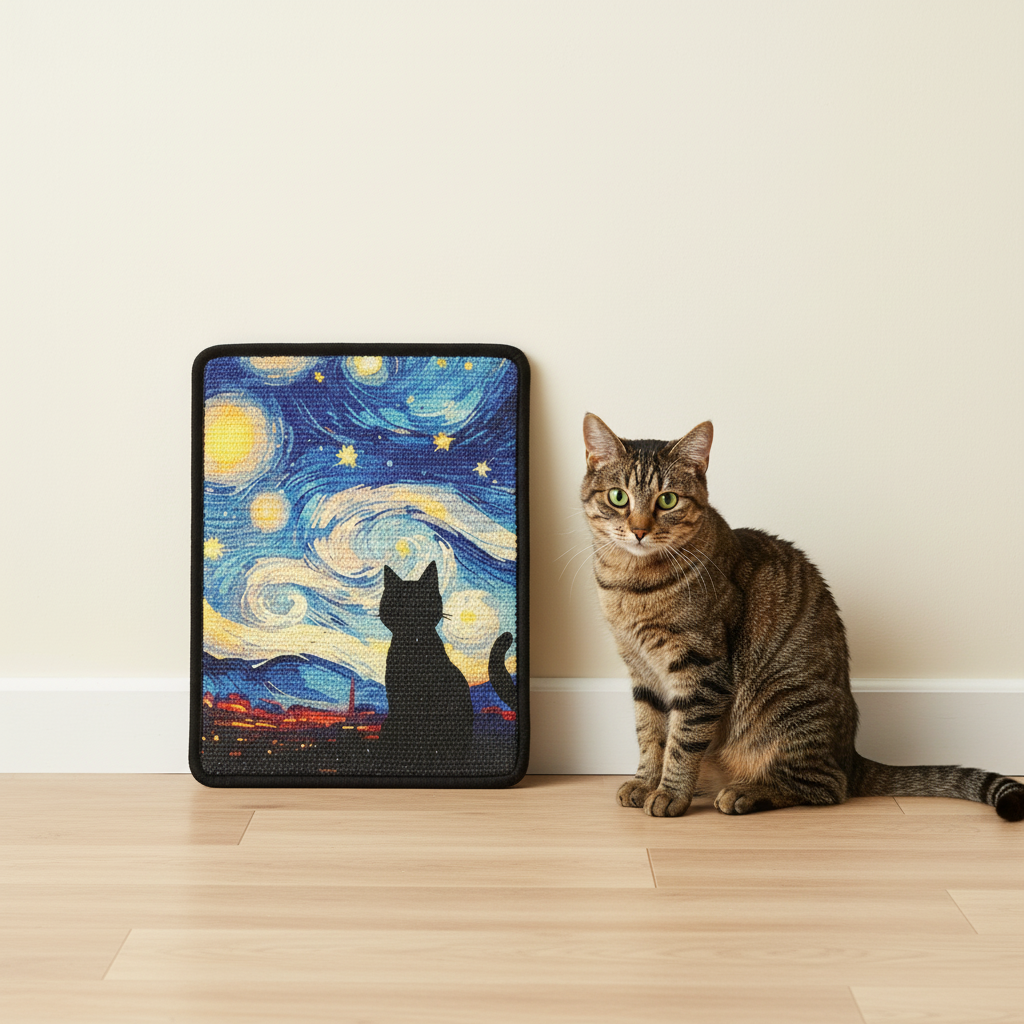 Stary cat scratcher with cat - Starry Night inspired