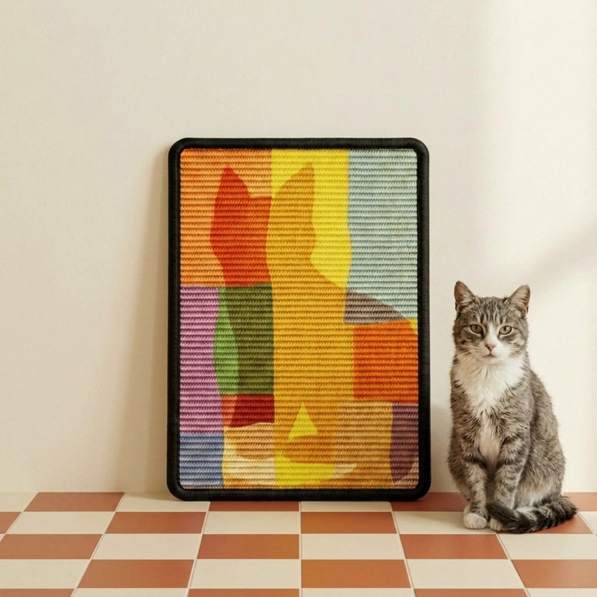 Wall cat scratcher, Patchwork with a cat beside it